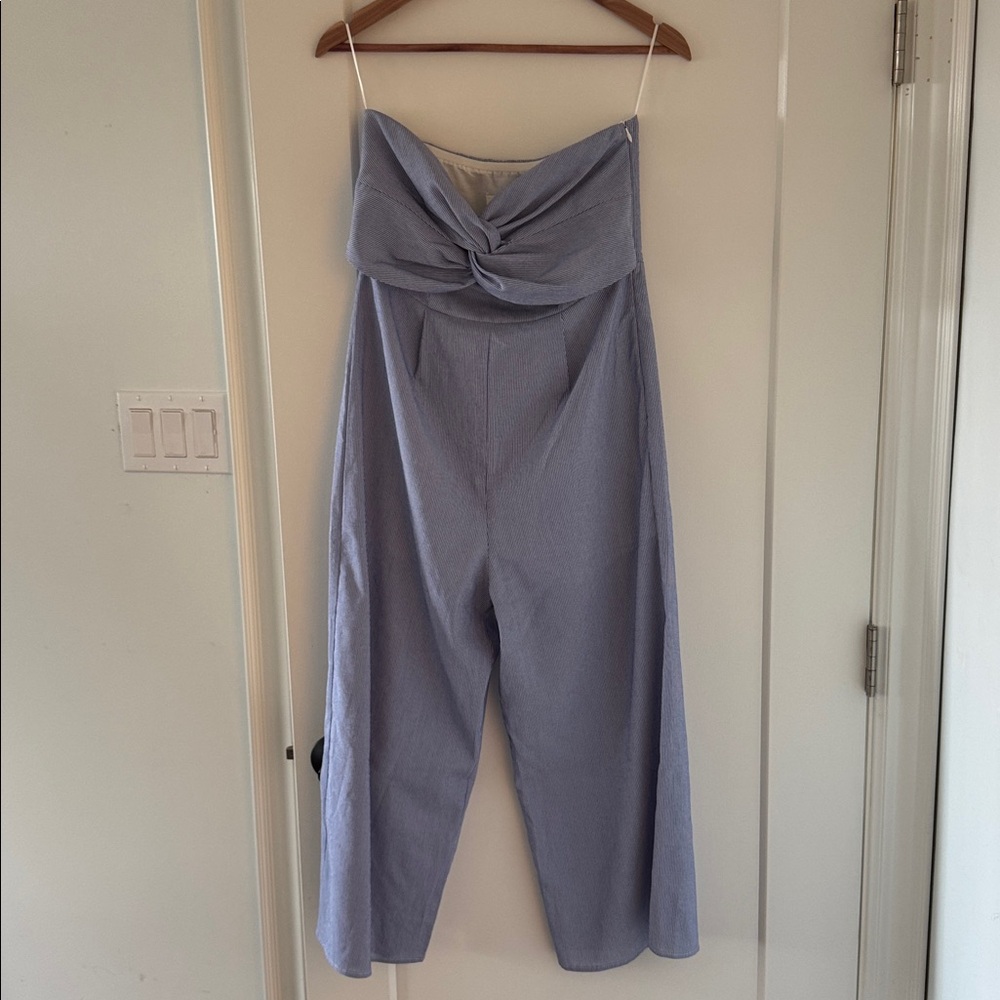 EVERLY Blue Strapless Jumpsuit with Sweetheart Neckline